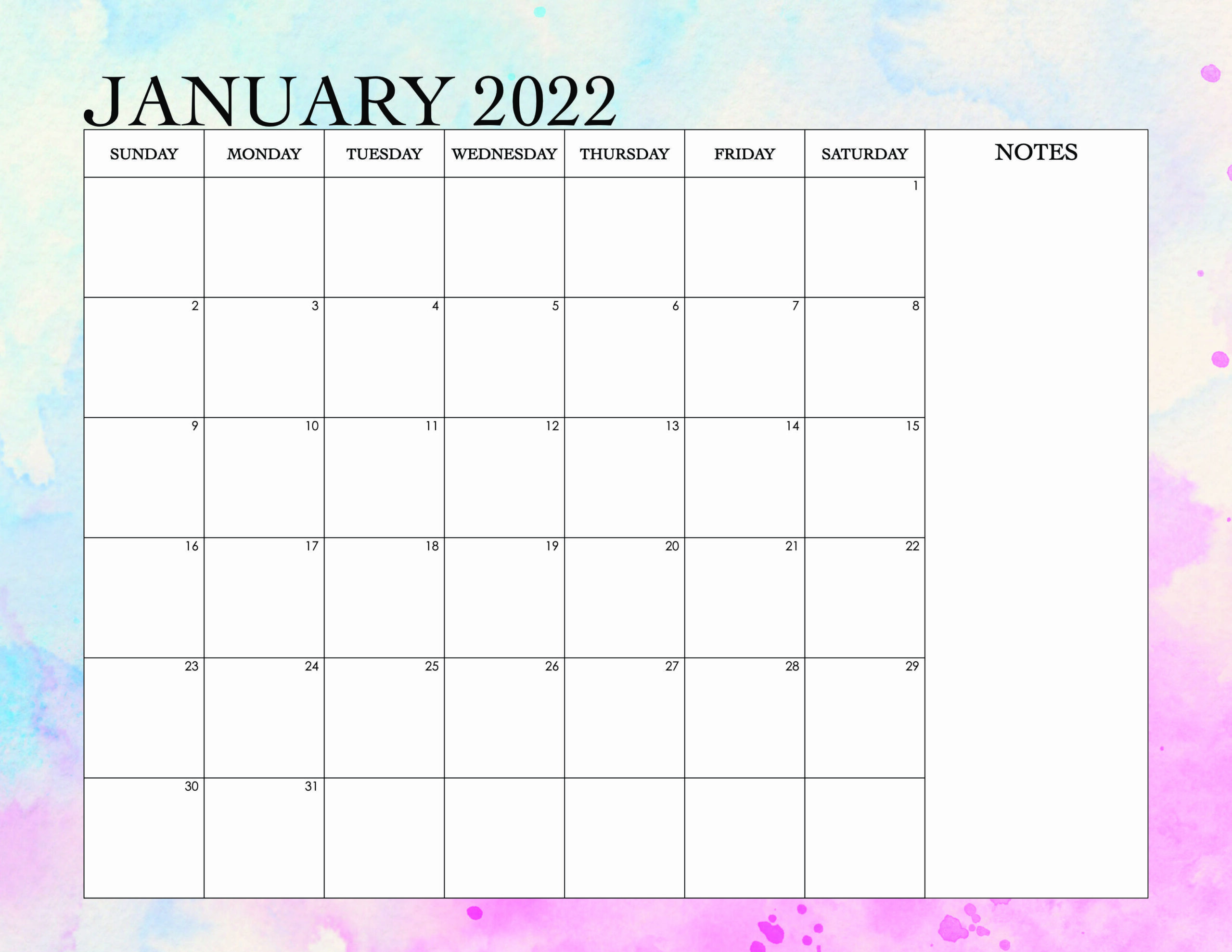 January 2022 calendar printable