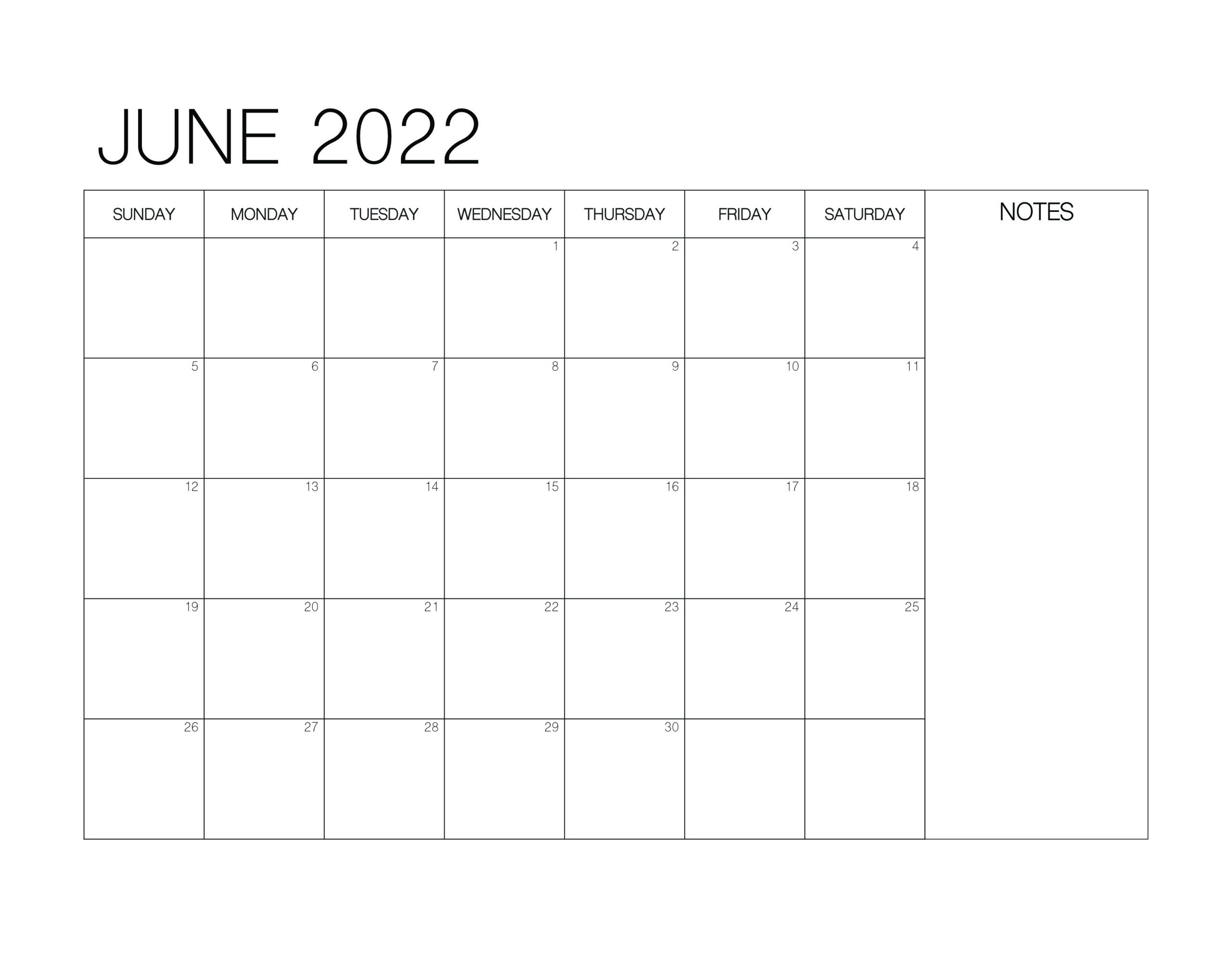 Printable Calendar for June 2022