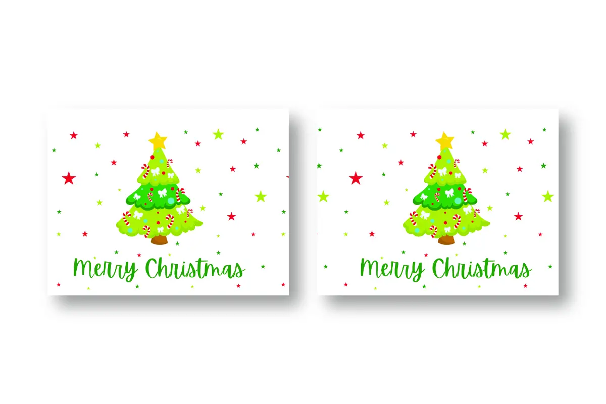 Printable christmas cards with Christmas tree and green Merry Christmas writing