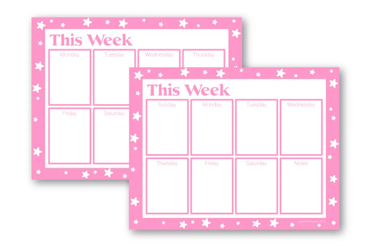 Pink Stars Weekly Calendar Printable