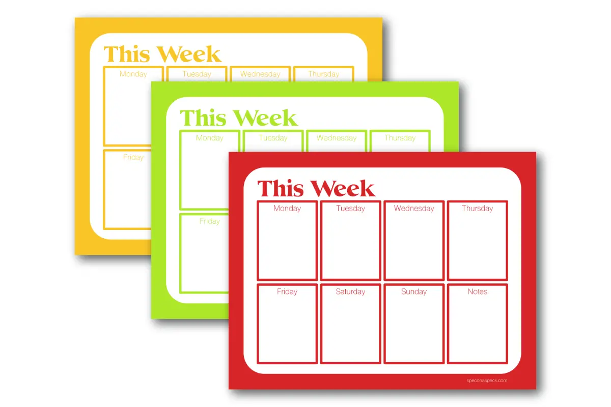 Yellow green and red fall weekly calendar templates