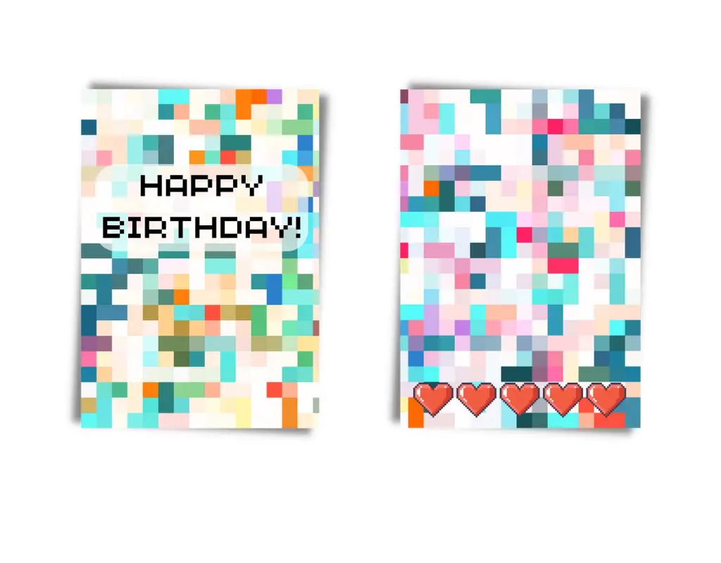 front and back of pixelated card front and back