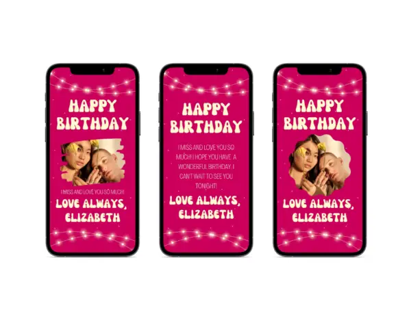 pink happy birthday digital cards displayed on three cell phones