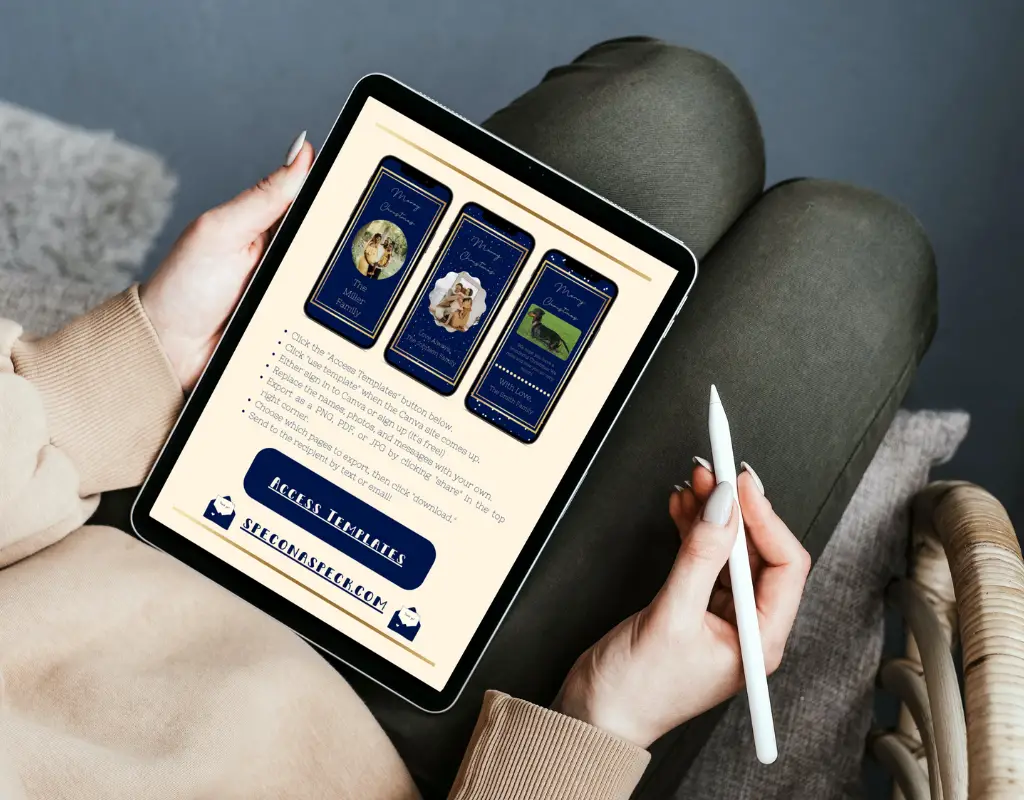 iPad with 3 navy blue christmas cards to download and customize yourself