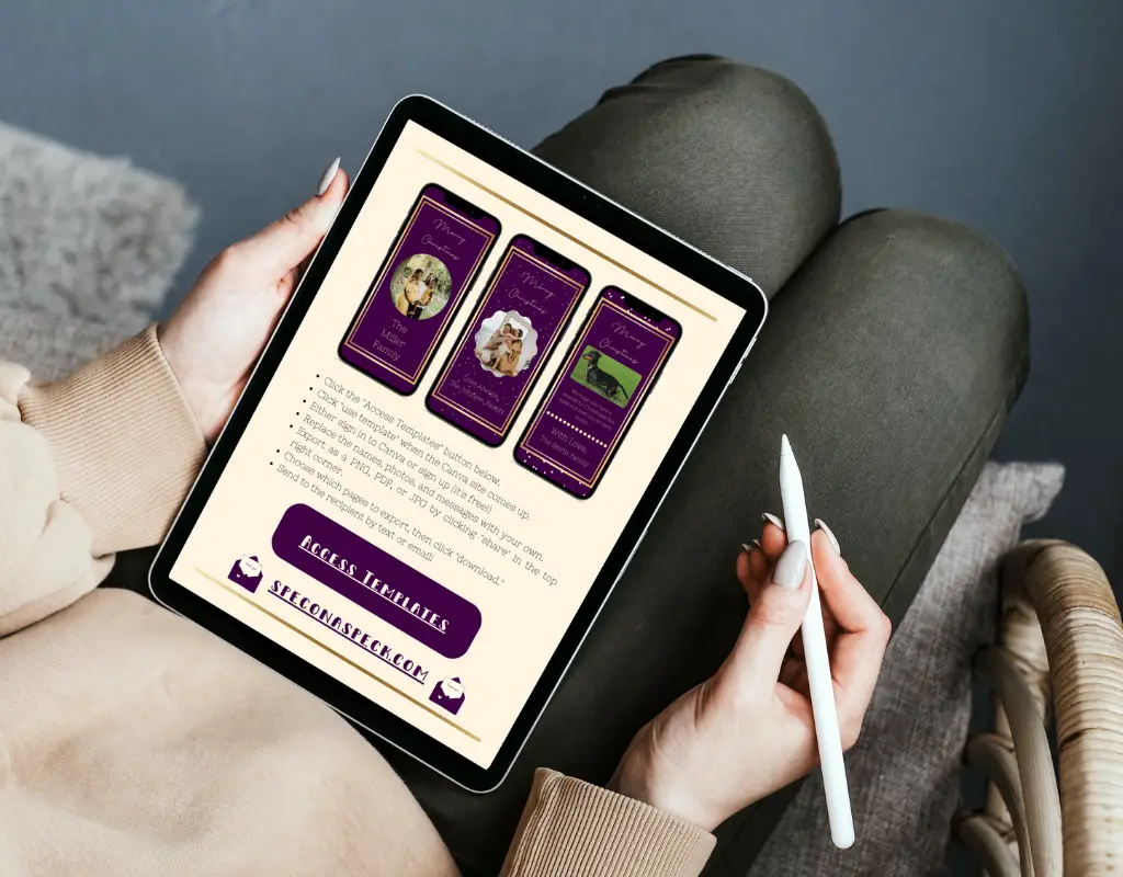 woman holding iPad with 3 purple digital Christmas cards to edit