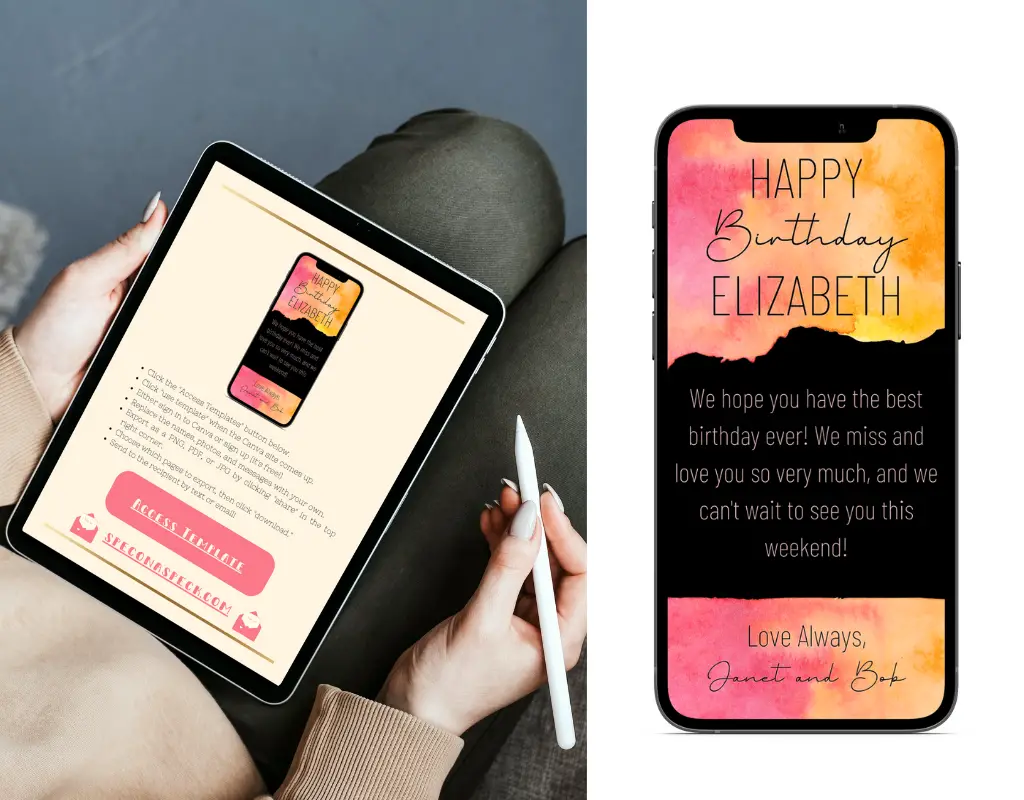Water color digital birthday card on phone and tablet with pink and orange