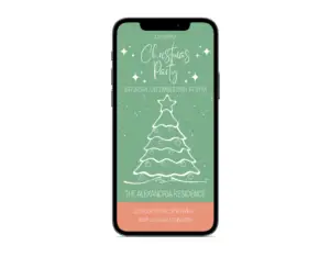 Digital Christmas Invite displayed on phone with white writing and white christmas tree on green background