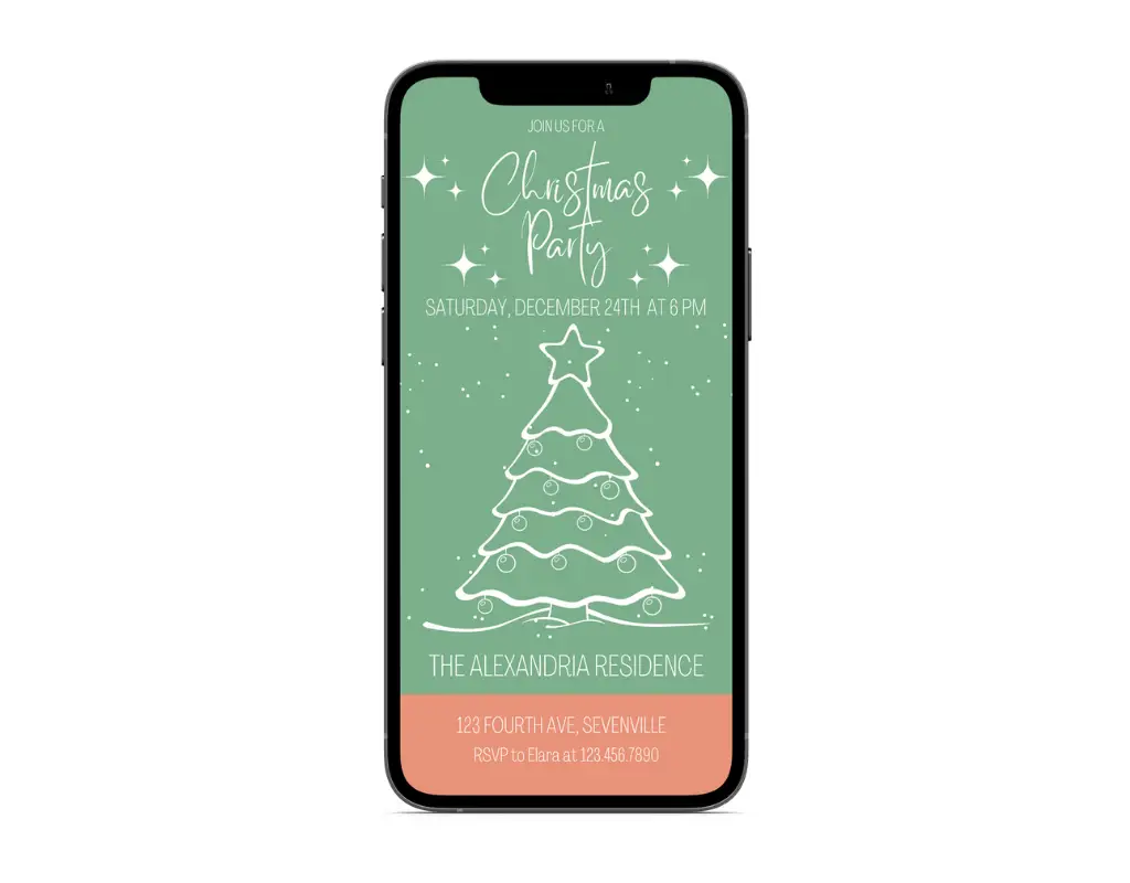 Digital Christmas Invite displayed on phone with white writing and white christmas tree on green background