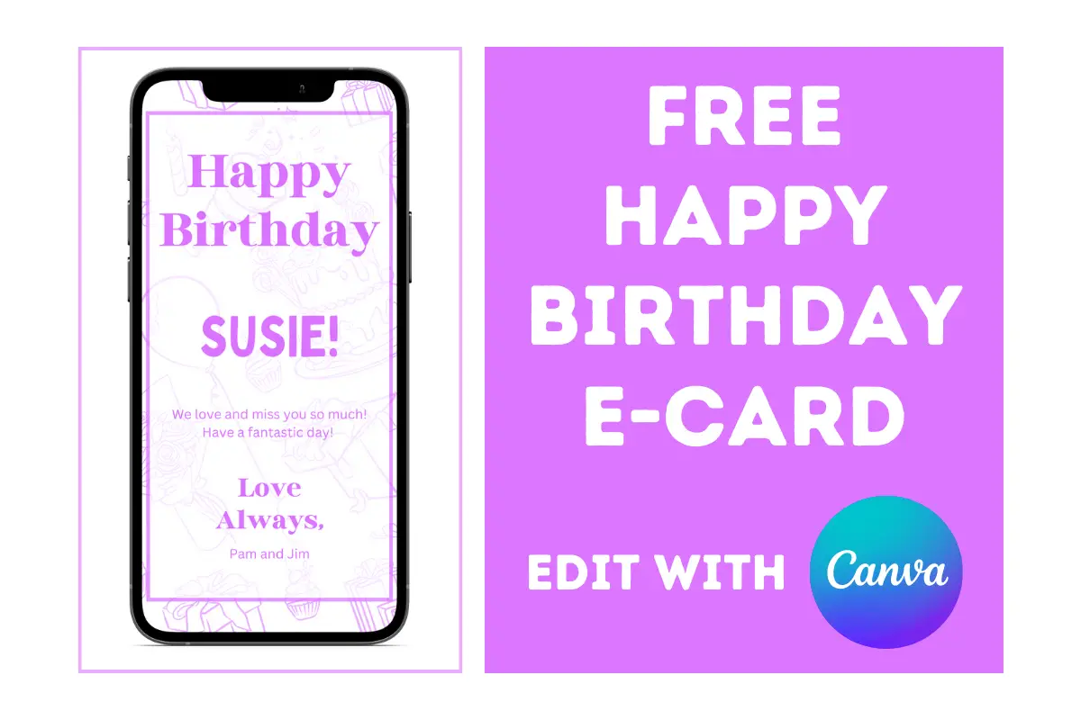 Digital Ecard with purple text that says happy birthday
