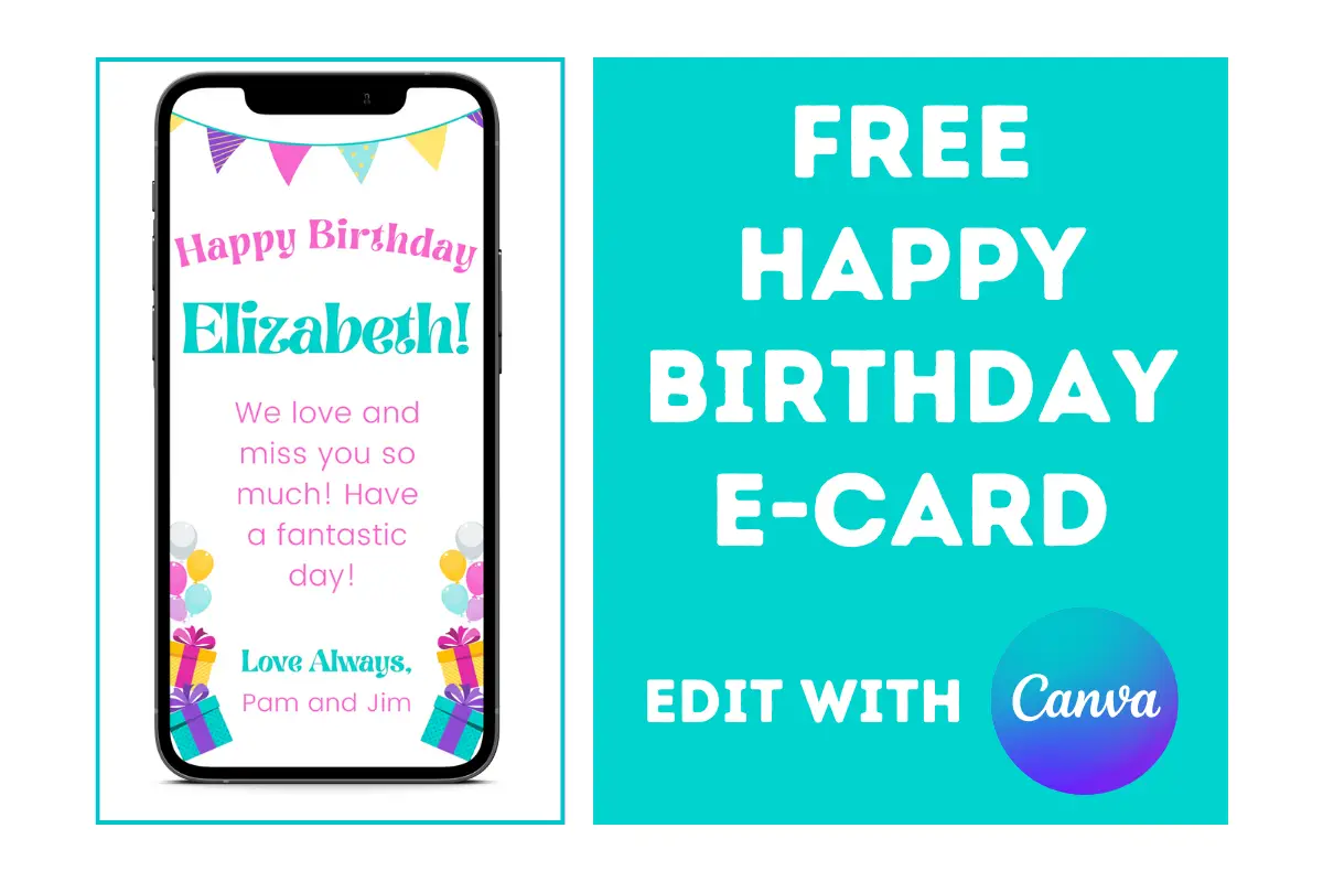 birthday ecard on a cell phone with balloons, gifts, and a banner