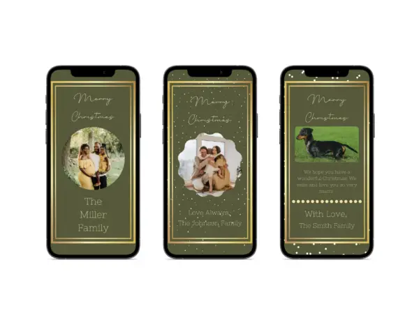 3 cell phones with Christmas card templates in green with gold writing