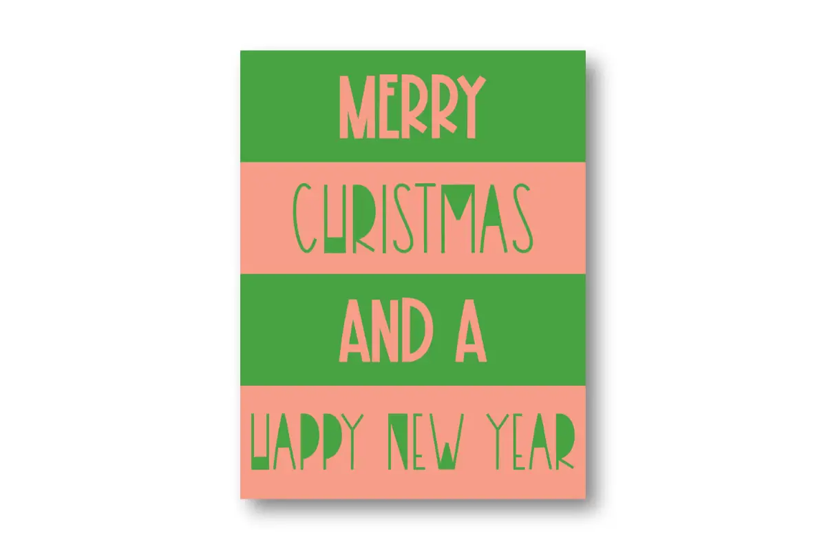 Merry Christmas Card with green and pink writing and deocor