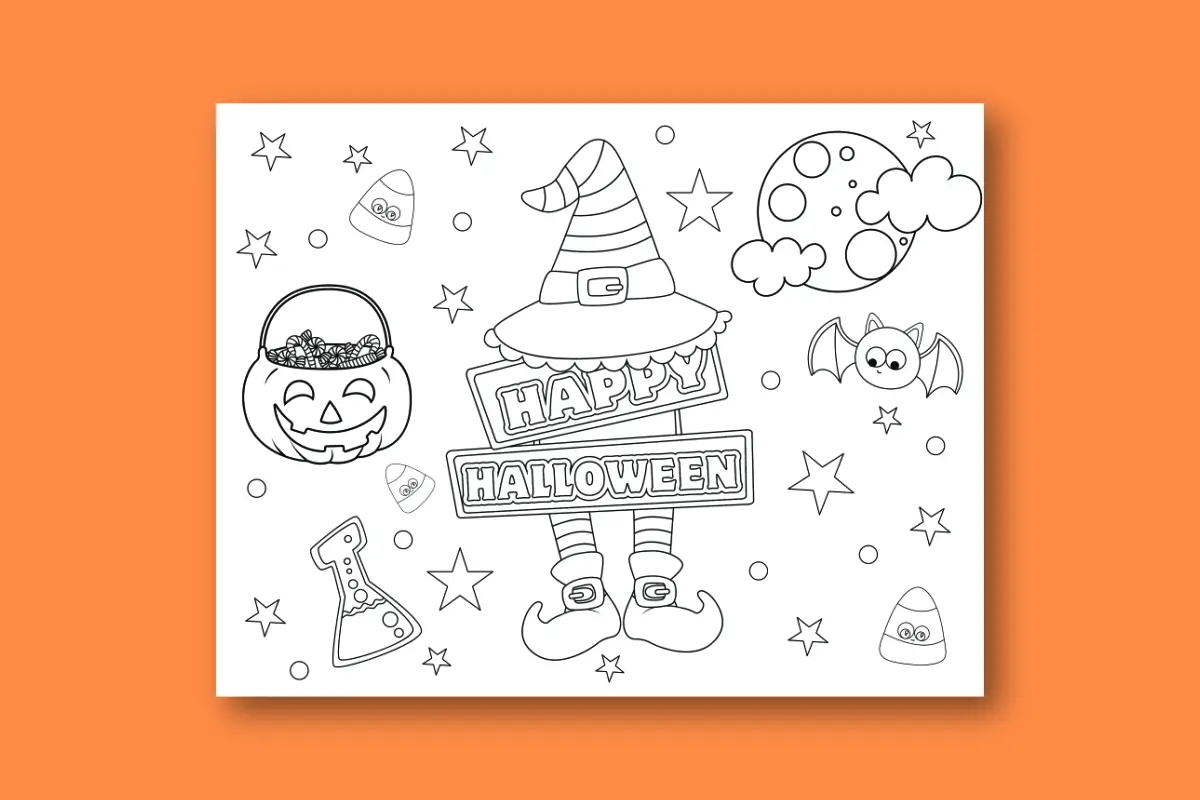 Happy Halloween Coloring Page with pumpkin moon bat and witch hat