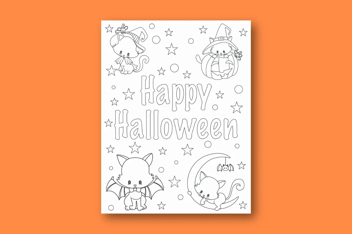 Coloring Page that says happy halloween with halloween cats to color