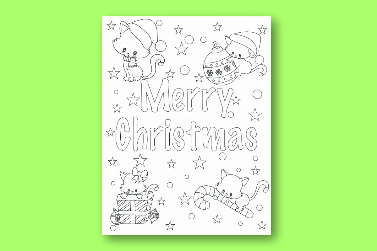 Merry Chirsmtas Coloring apge with cats and Christmas stamps