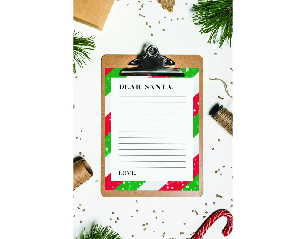 dear Santa letter on clipboard with red green and white stripes
