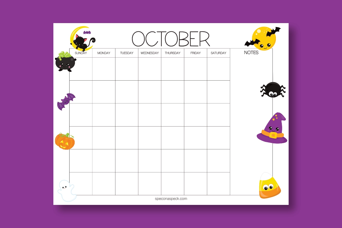 Undated October Calendar with halloween decor