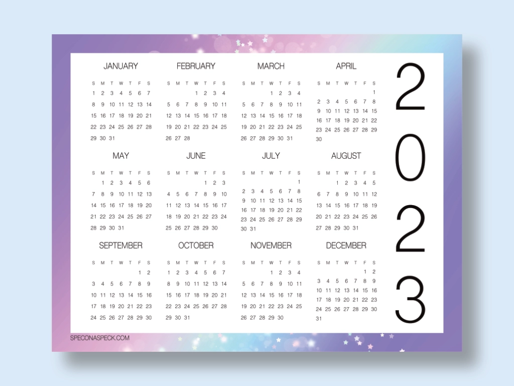 2023 printable year at a glance calendar on a blue background