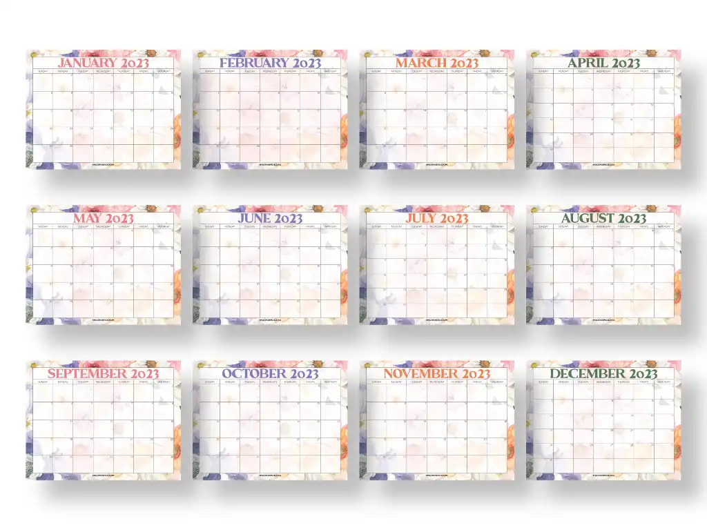 12 months of calendar for year 2023 with month on top of the page