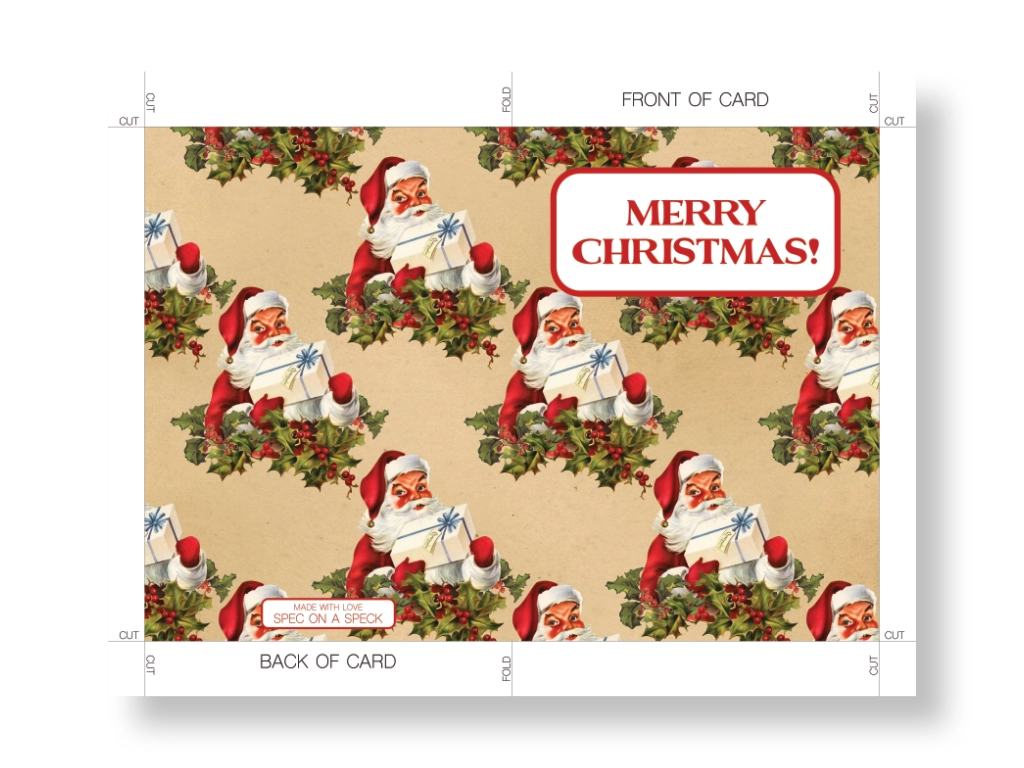 printable christmas card shown before cutting or trimming with the words merry christmas on the front
