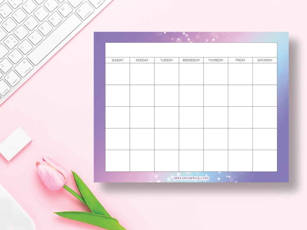 blank undated calendar with rainbow bokeh stars and the days of the week