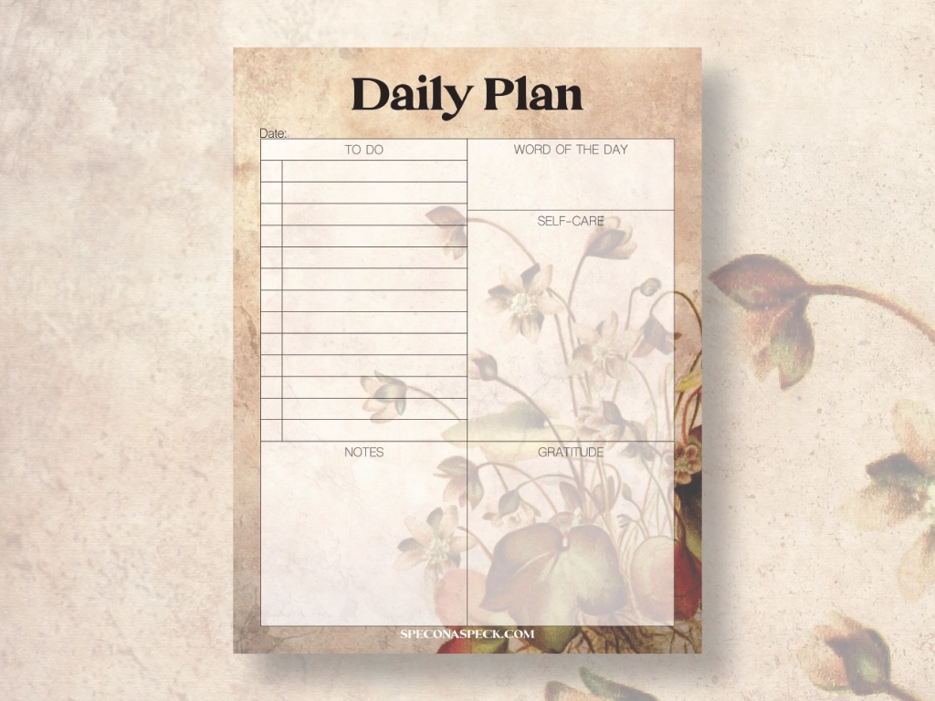 Daily Planner template with distressed floral background and the words Daily Plan at the top