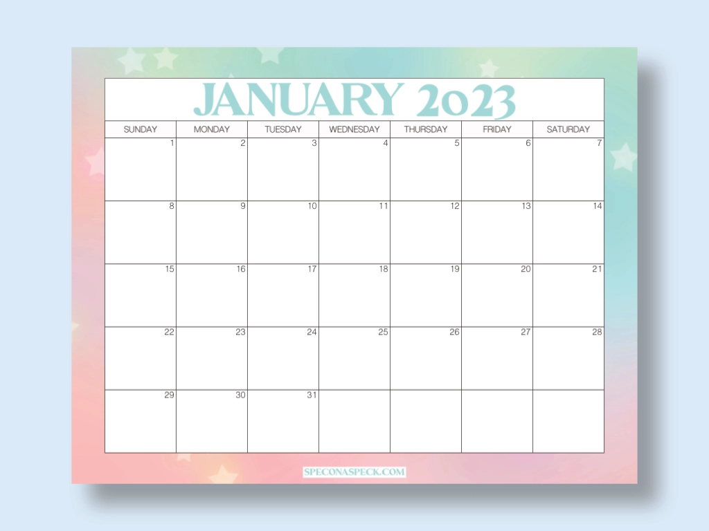 January 2023 written in green at the top of a stars calendar