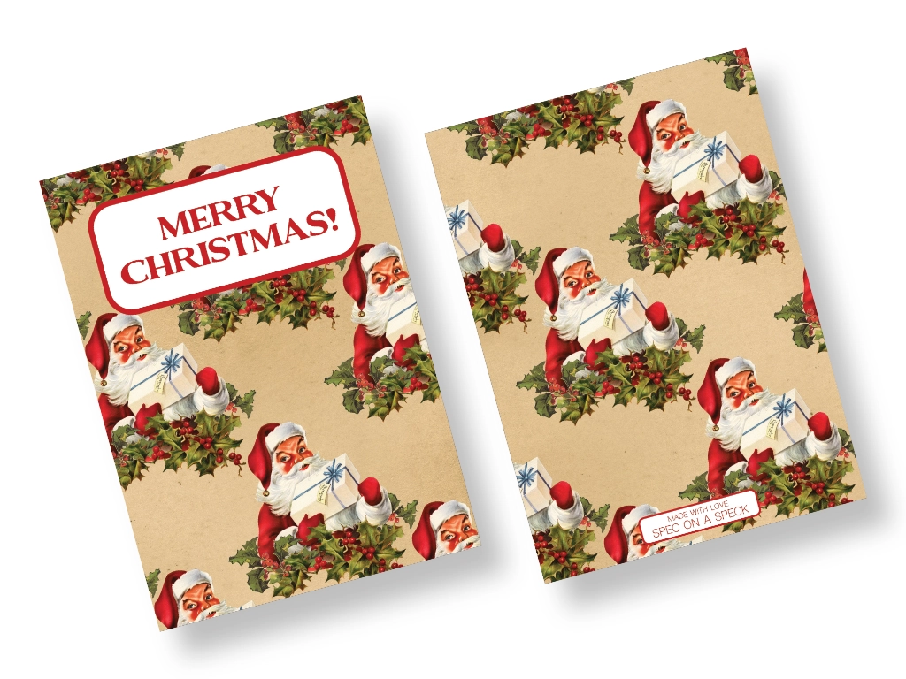 Front and back of christmas card printable each having Santa and words merry christmas