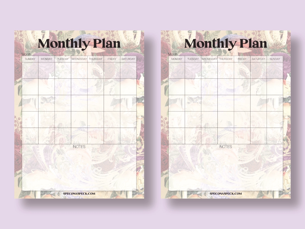Two Monthly Planner Pages printed on a purple background