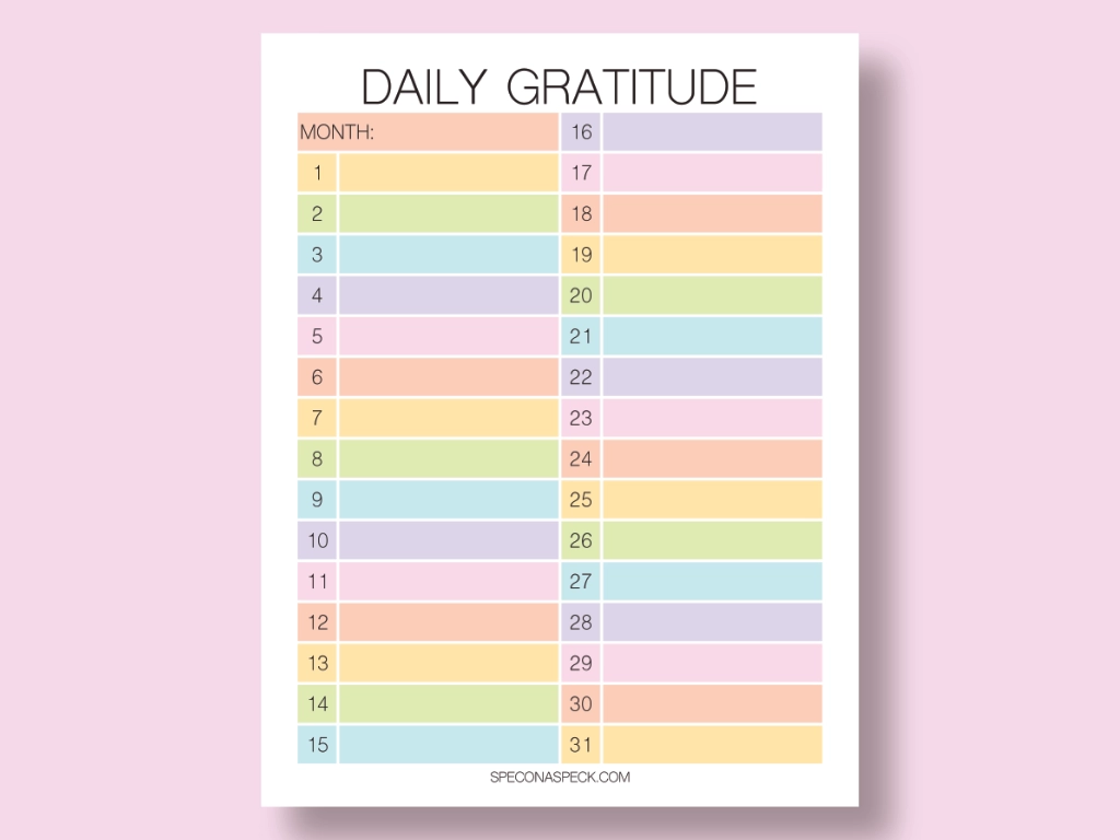 Daily Gratitude written at top of page with numbers 1-31
