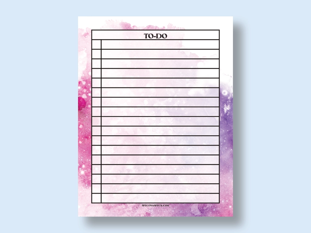 Pink and purple watercolor to do list printable on a blue background