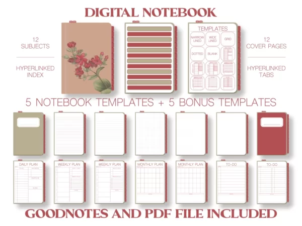 floral ephemera digital notebook with red flower on the cover