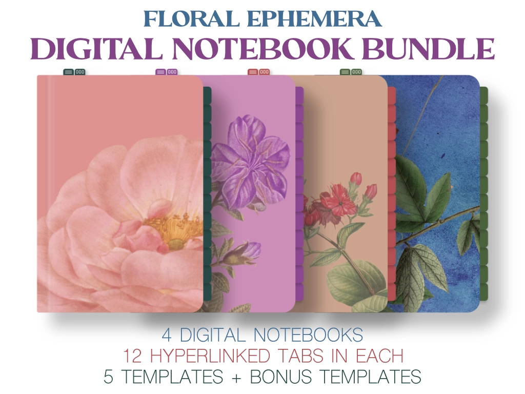 FOUR DIGITAL NOTEBOOKS WITH FLORAL ephemera covers