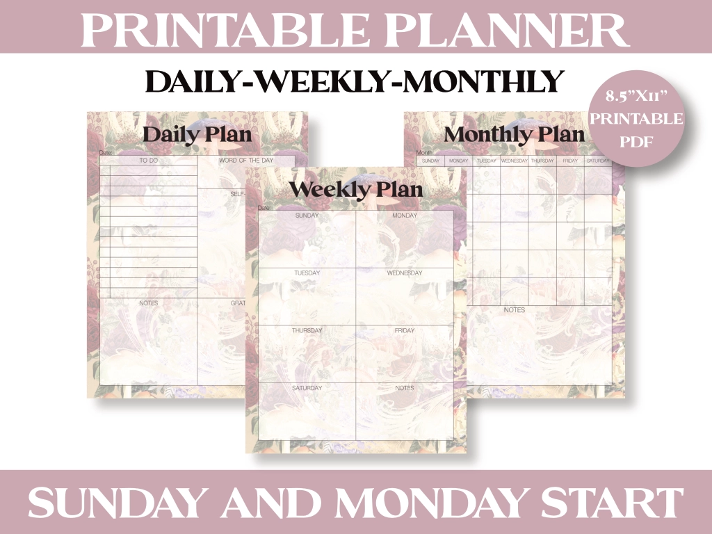 planner templates with words daily weekly monthly at the top with mushroom background