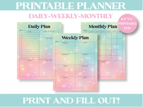 3 planner pages with the words daily plan weekly plan and monthly plan at the top with green and pink pokey stars on all of them