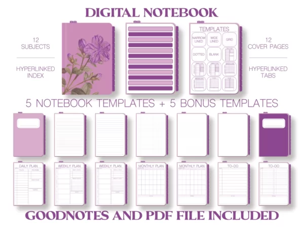 Floral Ephemera Purple Digital Notebook with Flower