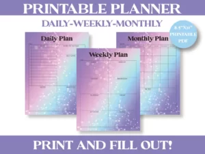 rainbow stars design on 3 printable planner pages that say daily plan weekly plan and monthly plan