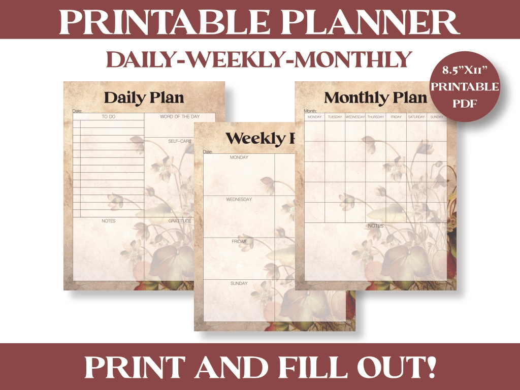 Distressed Floral Printable Planner with monthly weekly and daily at the top of each page