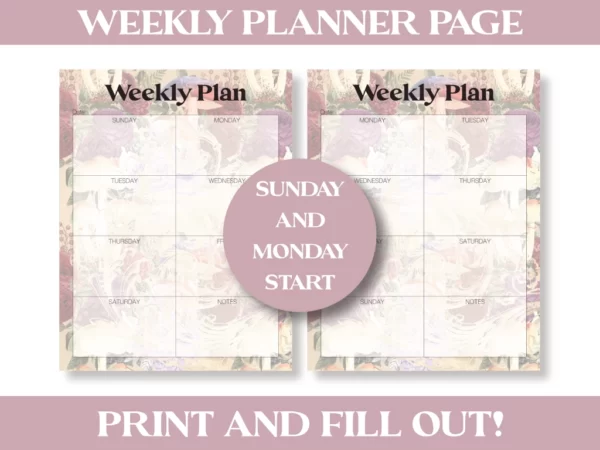 weekly planner pages shown with Sunday start and Monday start with mushroom background