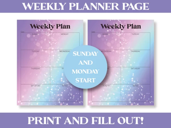 two pages with the words weekly plan at the top one with a Sunday start and one with a Monday start