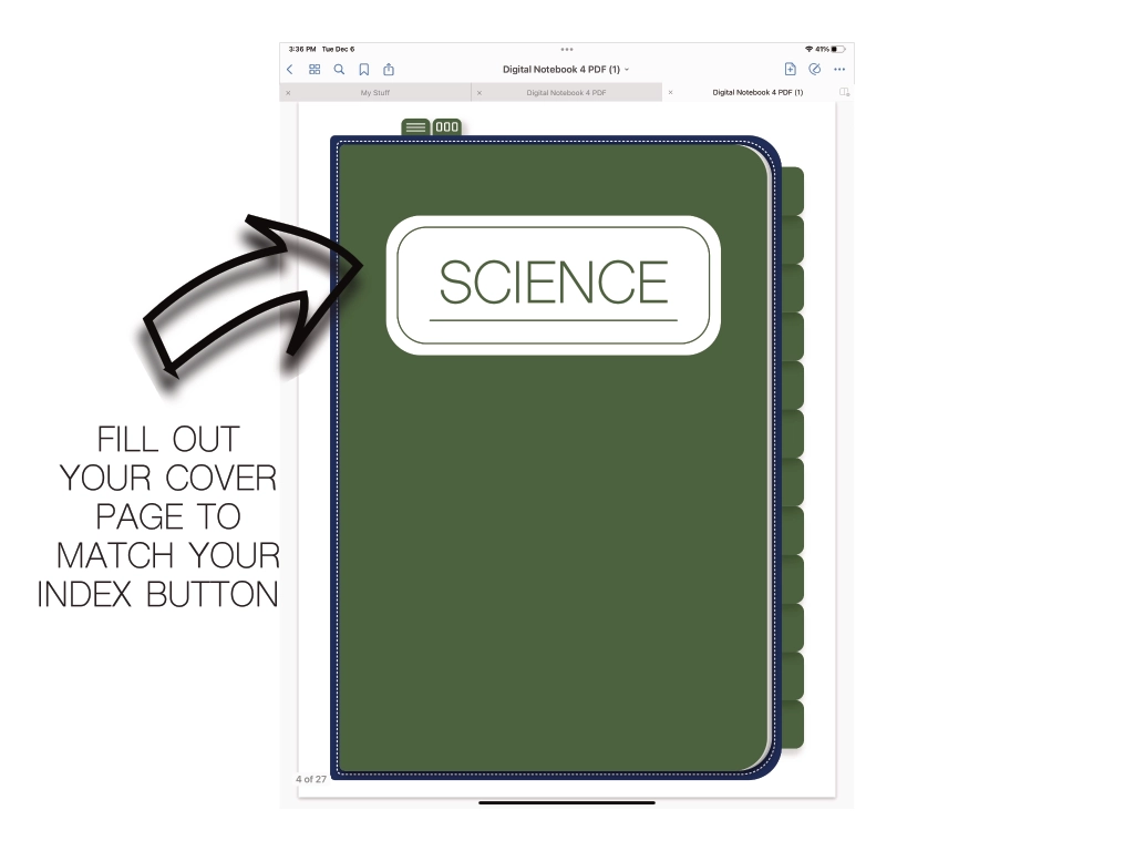 green cover page for goodnotes with the word "science" labeled on it