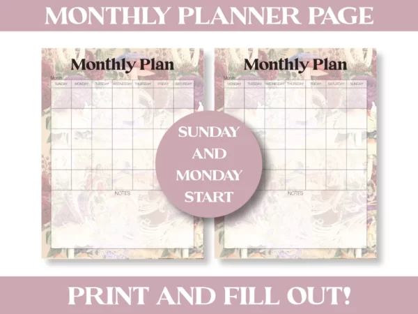 Monthly planner pages shown with Monday and Sunday start options on the calendars