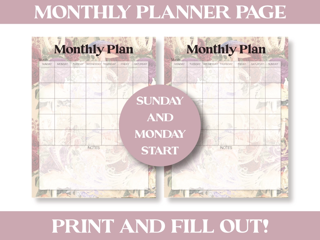 Monthly planner pages shown with Monday and Sunday start options on the calendars