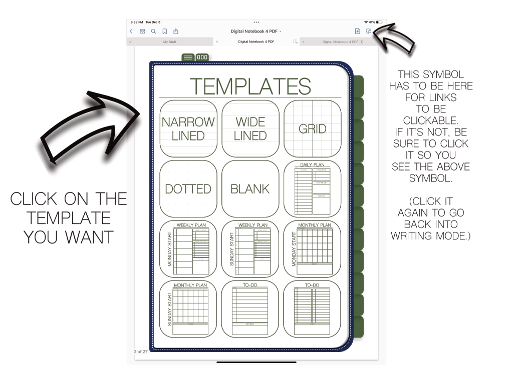 inside of a digital notebook showing the templates page