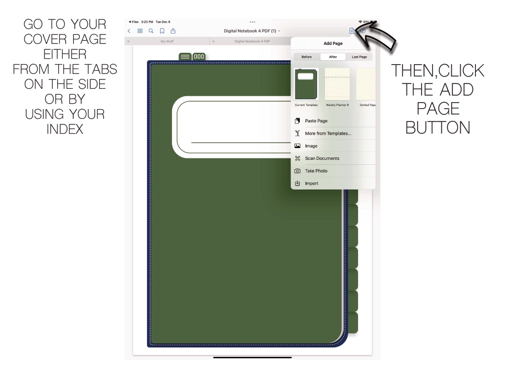 inserting a grid paper template to a goodnotes cover page