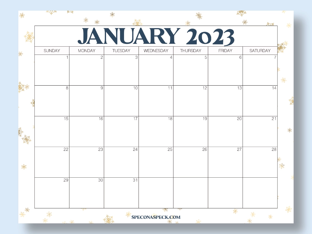 January 2023 Calendar Printable with Gold stars and Blue heading
