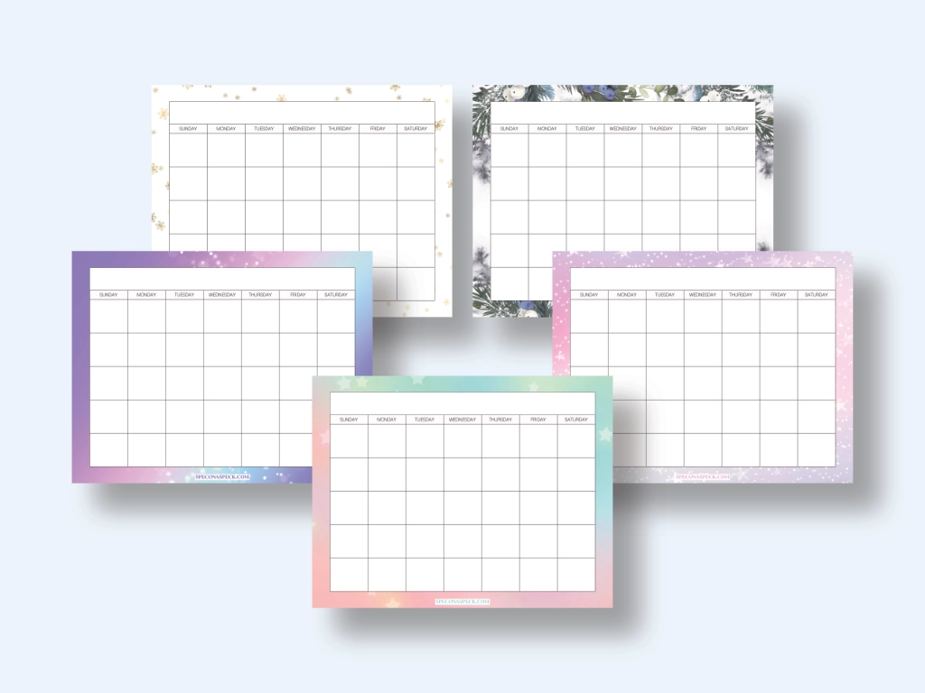 5 blank calendar templates in different designs