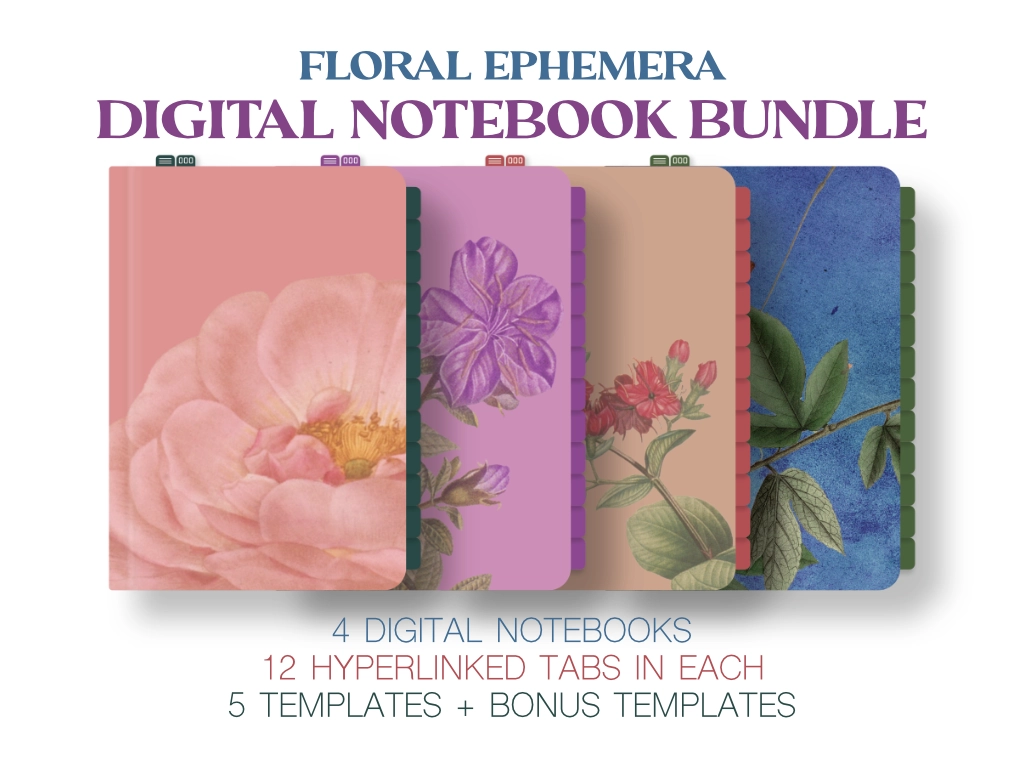 four digital notebooks stacked each with a different ephemera flower on the cover
