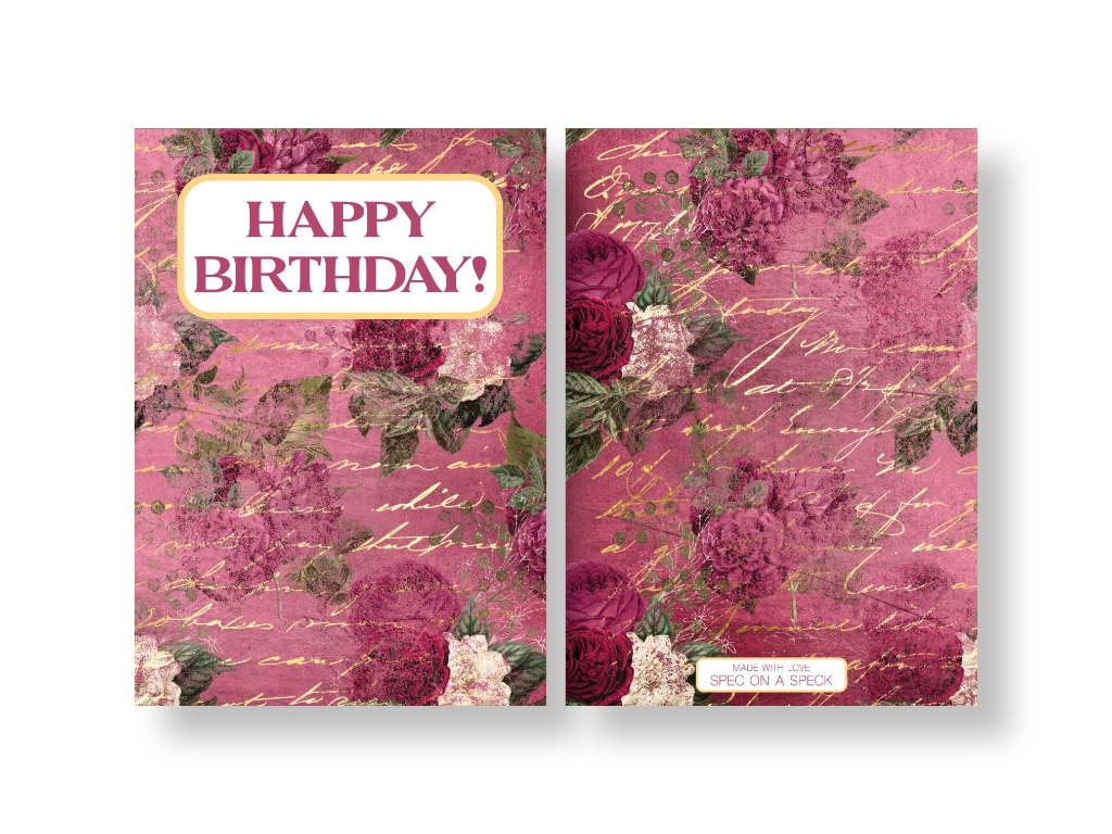 Happy birthday card with red and gold florals showing back and front card