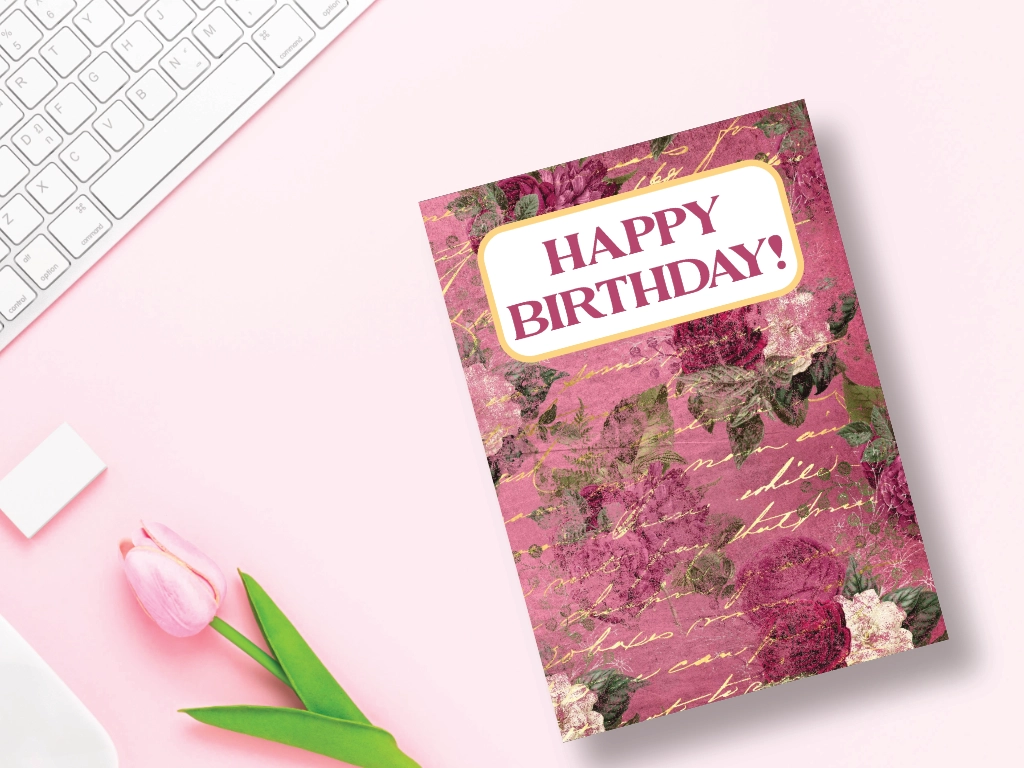 birthday card on a desktop with a pink flower with happy birthday! written on the front